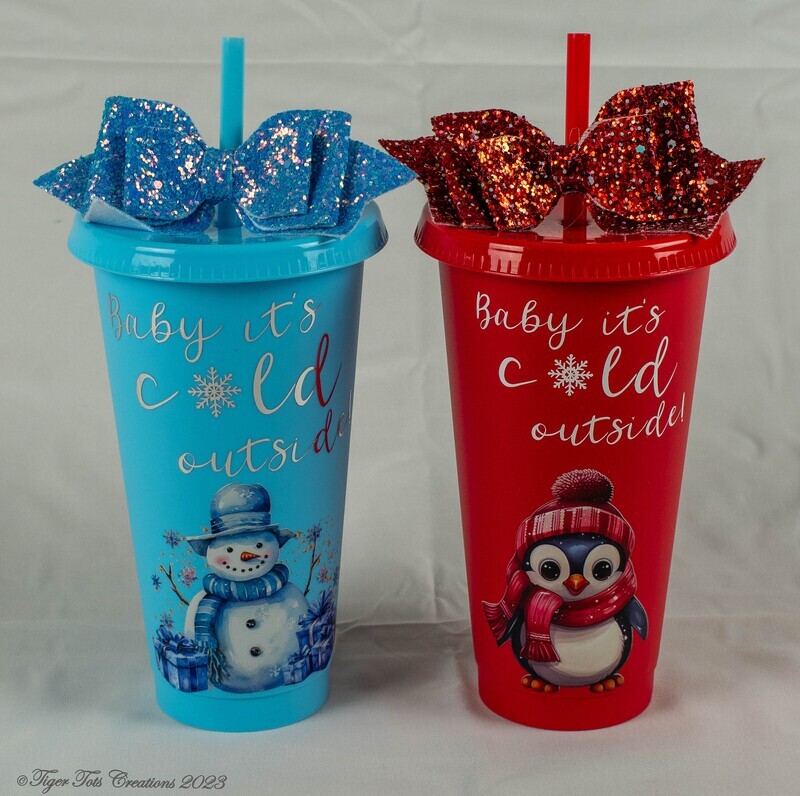 Christmas Cold Cups | Snowman Drinking Cup | Penguin Drinking Cup | Christmas Themed Cup | Winter Cup | 24oz Drinking Cup