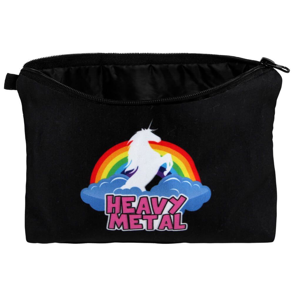 Kosmetiktasche mit Motiv „Heavy Metal Regenbogen Einhorn", buntes Design auf schwarzem Grund - Pride Beauty