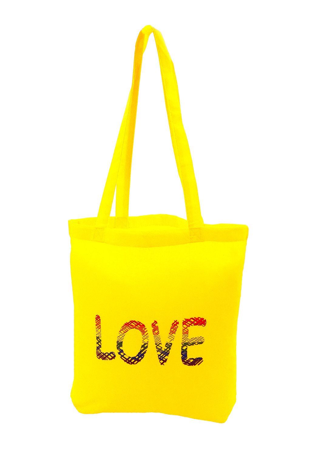 Einkaufstasche Love in gelb mit  modischem Loveschriftzug in Gitterstruktur Regenbogenfarben, Baumwolle - Pride Accessoire