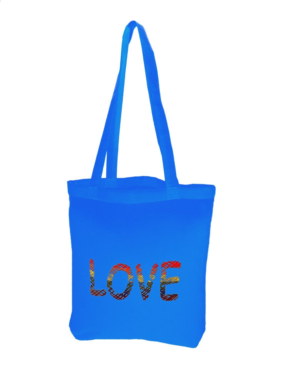 Einkaufstasche Love in blau mit  modischem Loveschriftzug in Gitterstruktur Regenbogenfarben, Baumwolle - Pride Accessoire