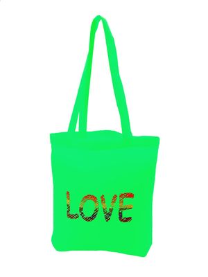 Einkaufstasche Love in grün mit modischem Loveschriftzug in Gitterstruktur Regenbogenfarben, Baumwolle - Pride Accessoire Einkaufstasche Love in grün mit modischem Loveschriftzug in Gitterstruktur Regenbogenfarben, Baumwolle - Pride Accessoire