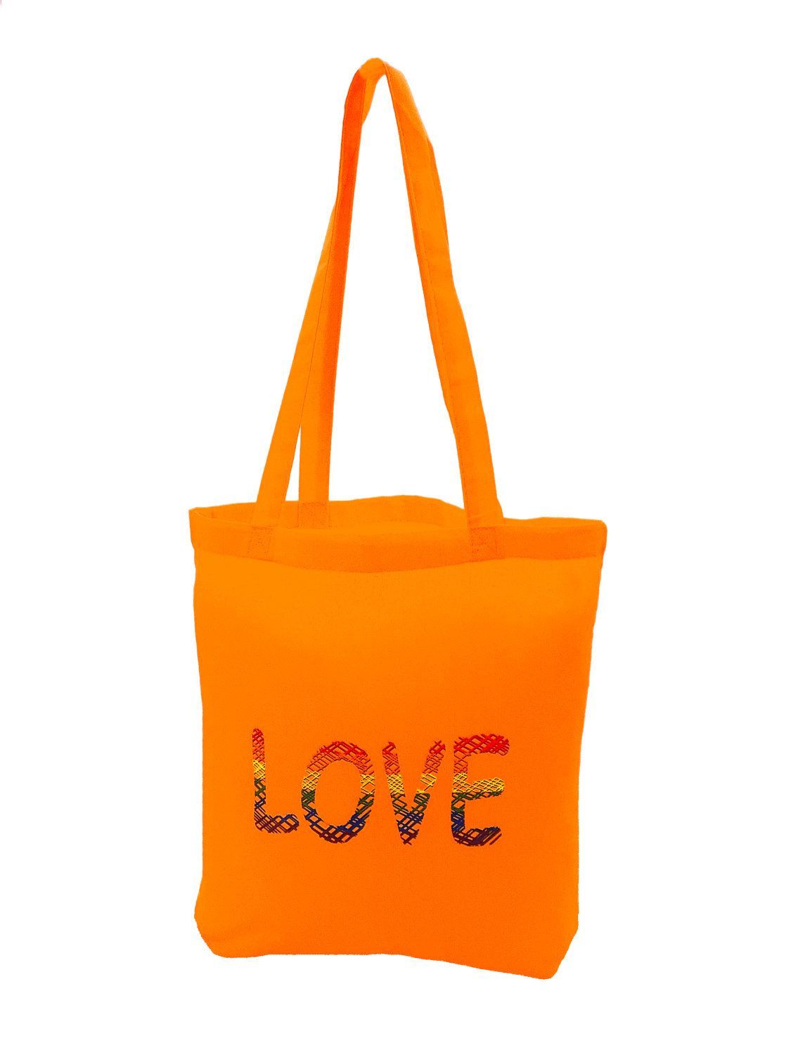 Einkaufstasche Love in orange mit  modischem Loveschriftzug in Gitterstruktur Regenbogenfarben, Baumwolle - Pride Accessoire