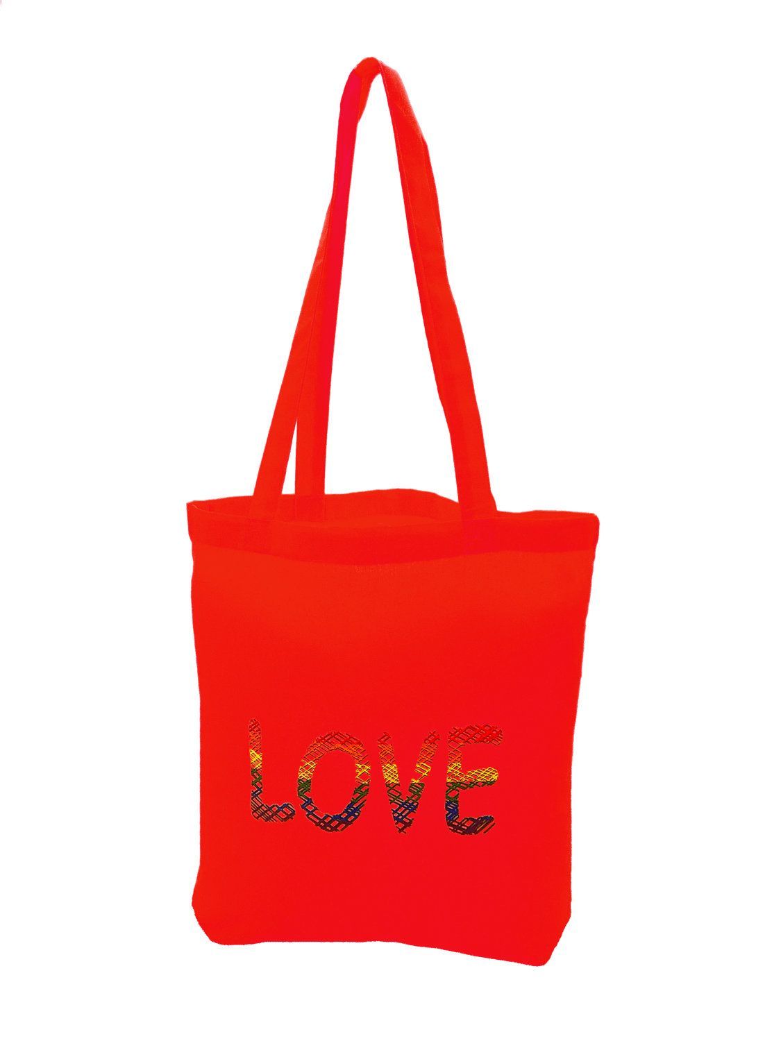 Einkaufstasche Love in rot mit  modischem Loveschriftzug in Gitterstruktur Regenbogenfarben, Baumwolle - Pride Accessoire
