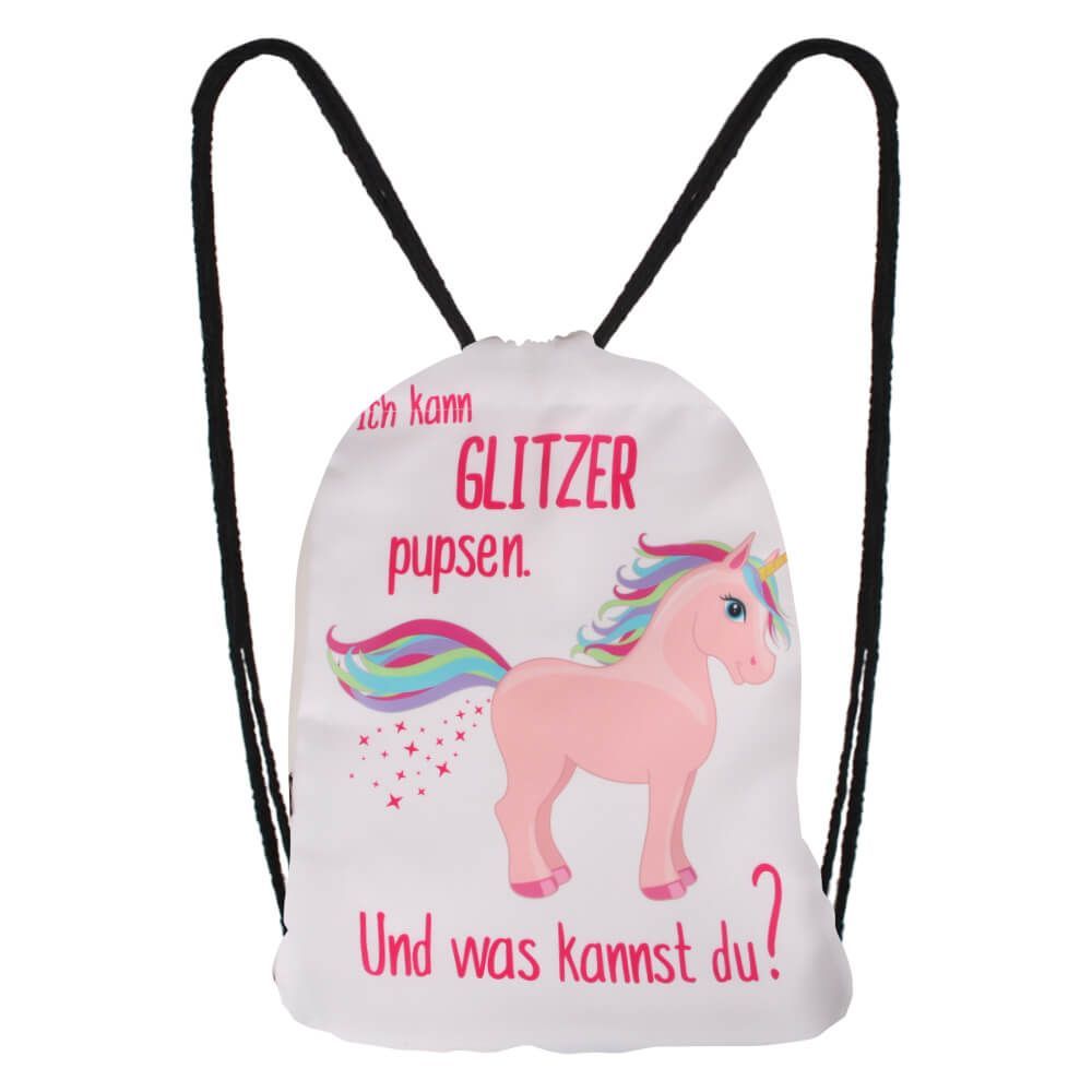 Gymbag Regenbogen Einhorn "Ich kann Glitzer pupsen" weiß pink bunt - Pride Tasche