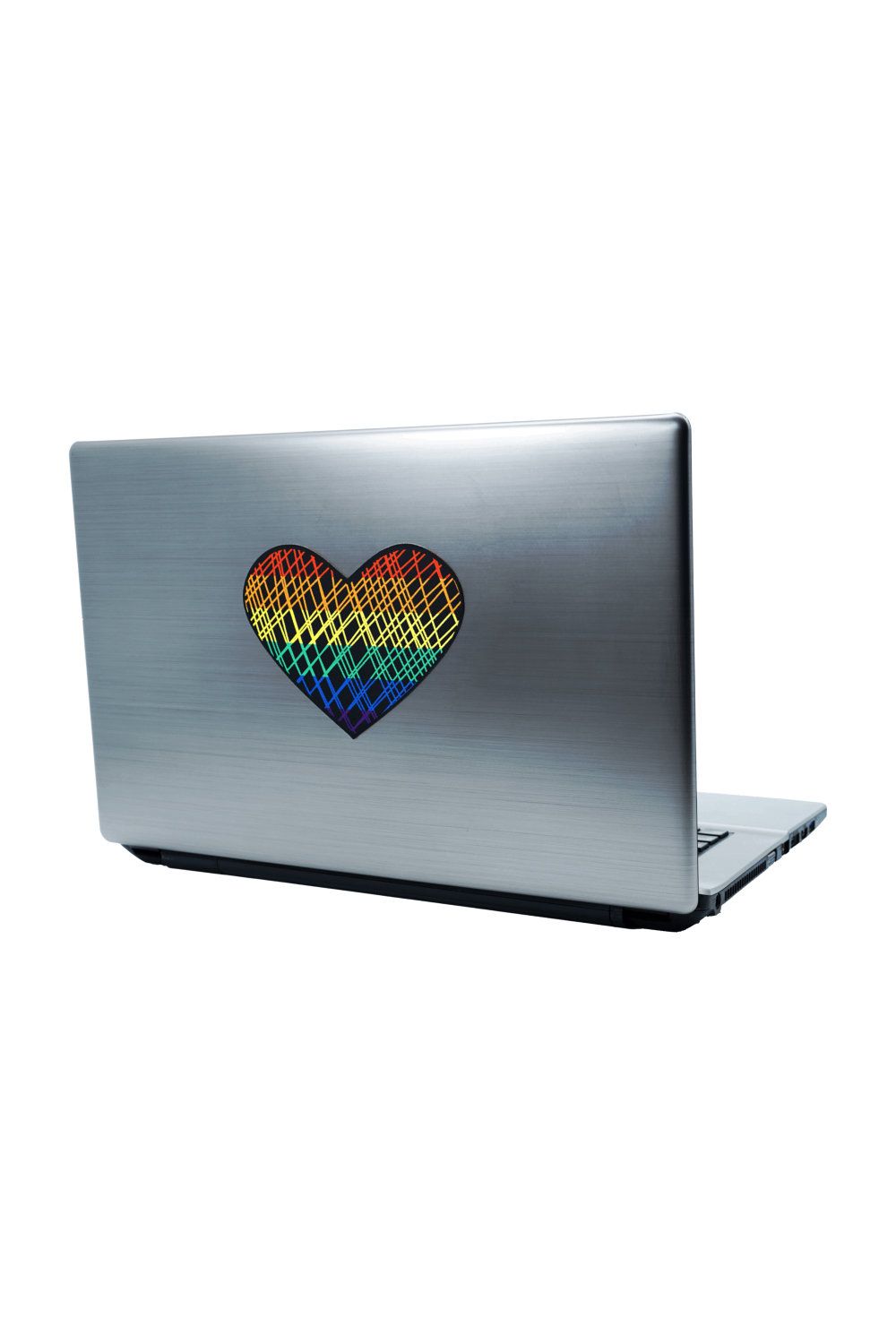 Gewebter Laptop-Sticker XXL - Pride Rainbow Gitterherz, Schwarz Regenbogenfarben
