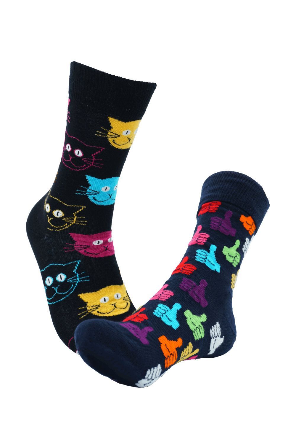 Unisex-Socken Cat & Thumb up, bunt auf dunklem Grund, super soft - Pride Fashion - 2er Pack - (Gr. 36-40)