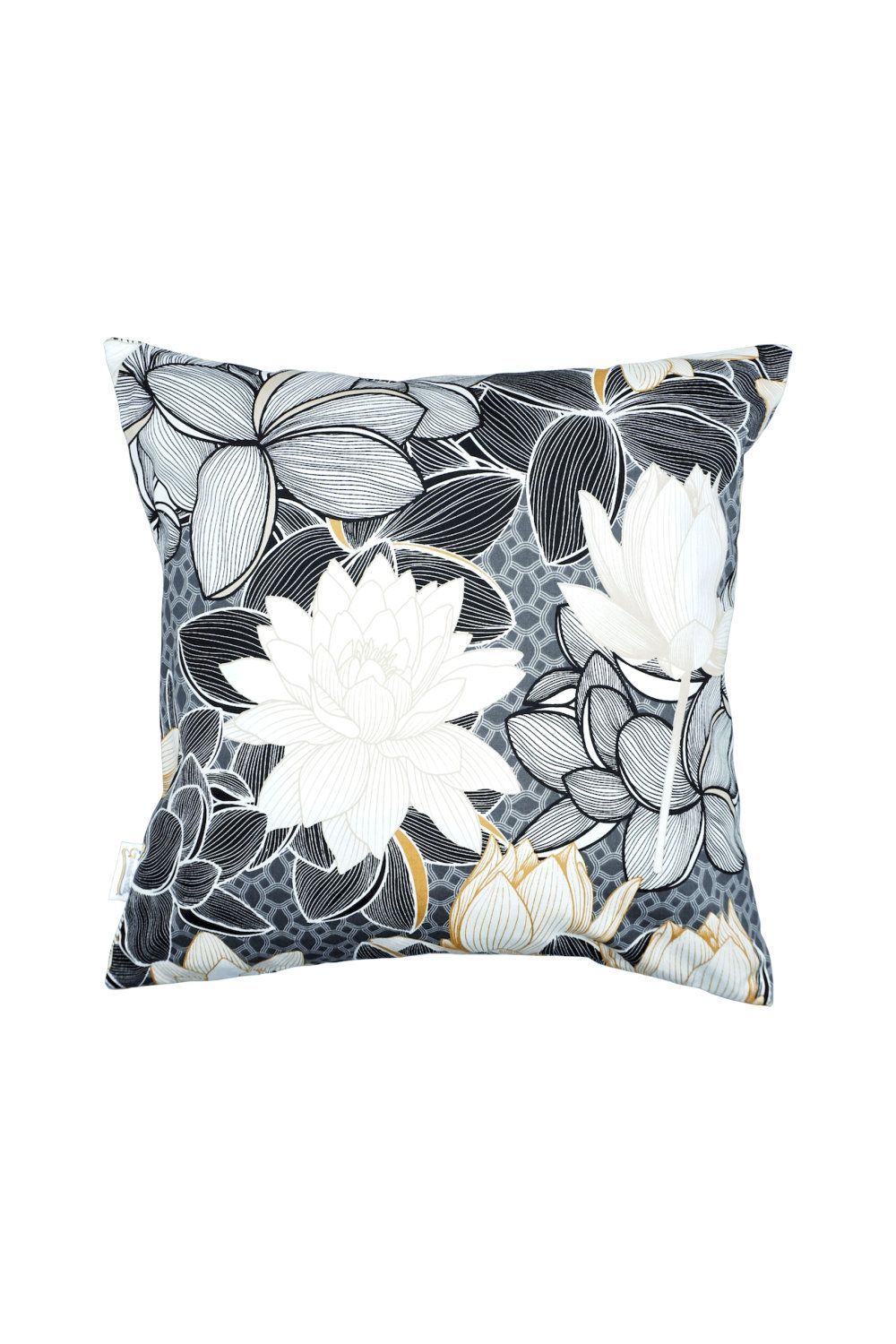 Kissen Lotusblüten, Baumwollsatin Schwarz Weiß Gold - 45x45cm