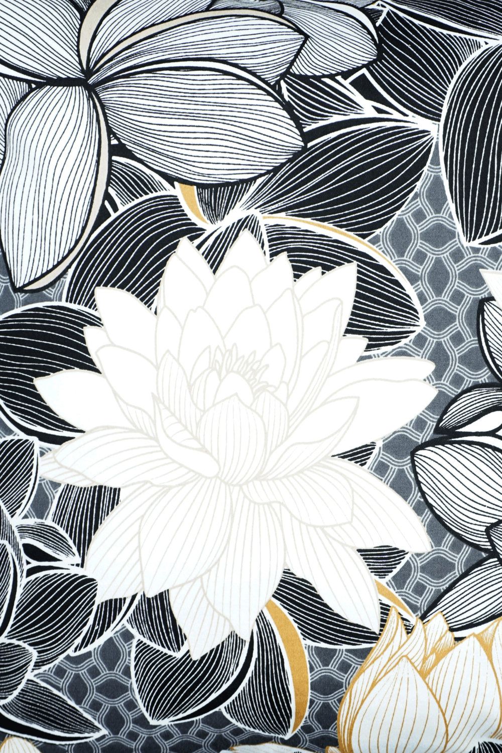 Kissen Lotusblüten, Baumwollsatin Schwarz Weiß Gold - 45x45cm