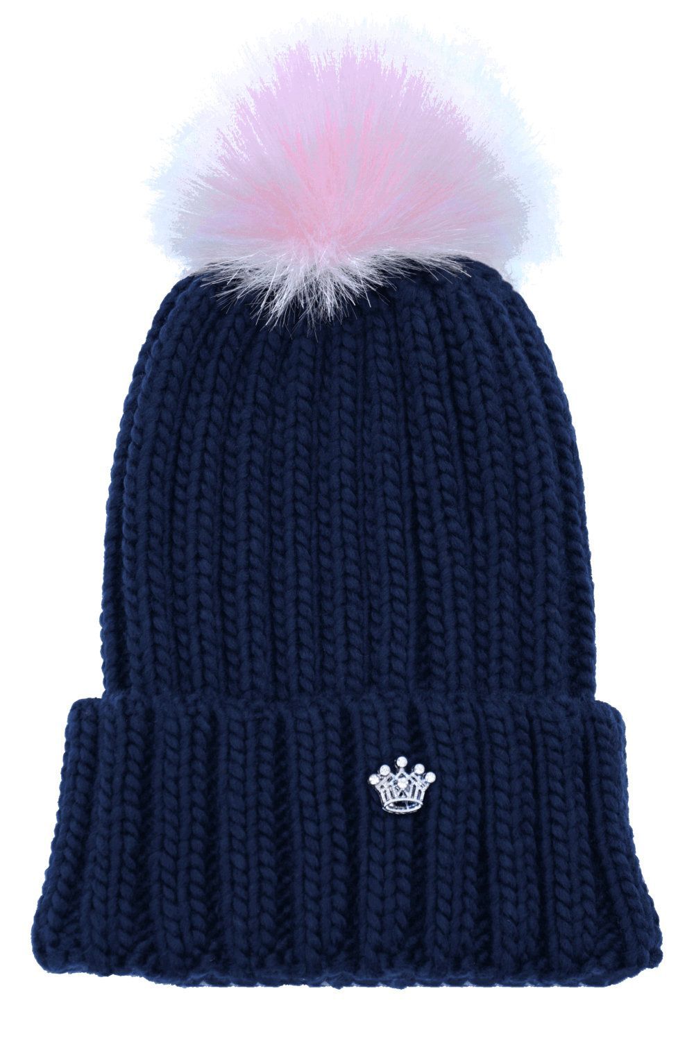 Nachtblau Ripp-Strick Mütze, Rosa Bommel & Krone - Princess