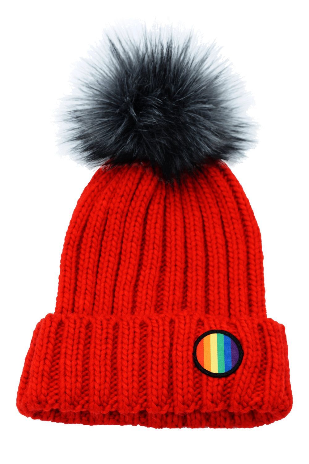 Mütze Ripp-Strick Rot mit Bommel silber schwarz Regenbogen Patch