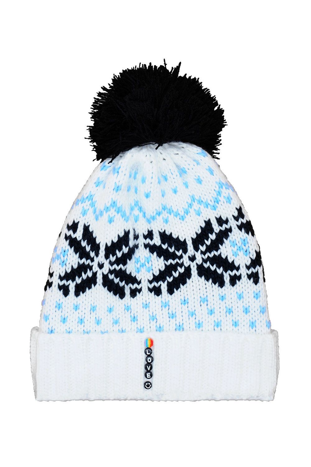 Mütze Strickmütze weiß schwarz blau mit Bommel schwarz - Love Perlen