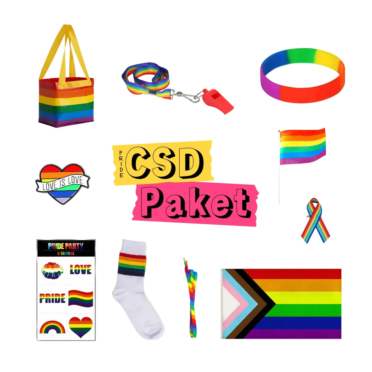 CSD Pride Party Paket 10 Teile Tasche, Flagge, Socken & mehr für bunte Pride-Looks | Genderella. Bild 1