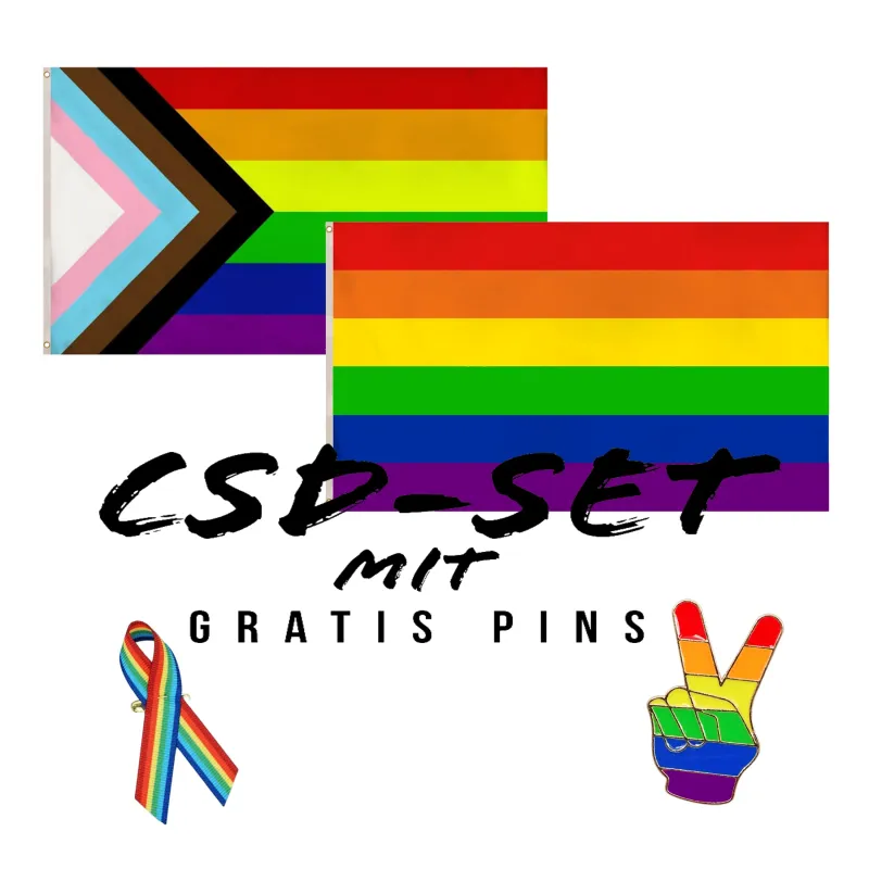 Flaggen-Set, Pride Paket, LGBTQ Bundle Zeig deine Pride mit dem Genderella® CSD-Flaggen-Set! Enthält eine Regenbogenflagge und eine Progress Flagge (je 90x150cm), einen Pride Pin und eine Pride-Aid Schleife. ?️?