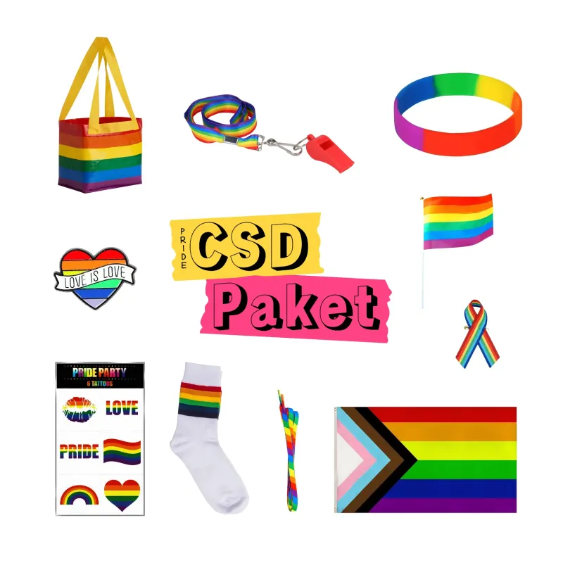 CSD Set, Pride Paket, LGBTQ Bundle, 10-teilig CSD Pride Party Paket 10 Teile Tasche, Flagge, Socken & mehr für bunte Pride-Looks | Genderella. Bild 1