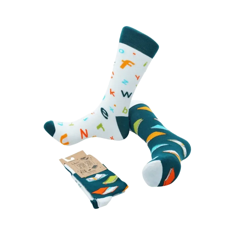Unisex-Socken Bücherwurm, bunt grün und weiß Bild 1