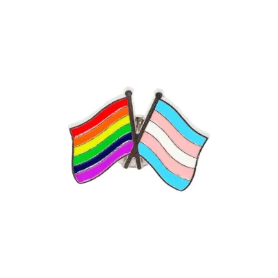 Rainbow Trans Flagge Pin - 27x22mm Emaille, Weißblech, Pride Accessoire Anstecker mit der Regenbogenflagge der LGBTQ+ Community und der Transgenderflagge, die sich kreuzen. Pride Shop Deutschland (Bild 1)