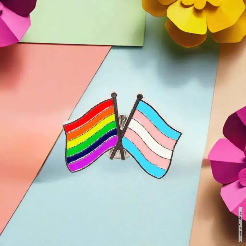 Anstecker mit der Regenbogenflagge der LGBTQ+ Community und der Transgenderflagge, die sich kreuzen. Pride Shop Deutschland (Bild 1)