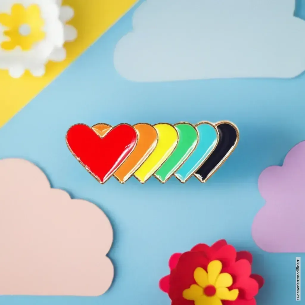 Regenbogen Herzen Anstecknadel: Messing Pride Pin mit 6 bunten Herzen in LGBTQ+ Regenbogenfarben, Pride Accessoire. Genderella Pride Shop. Bild 1