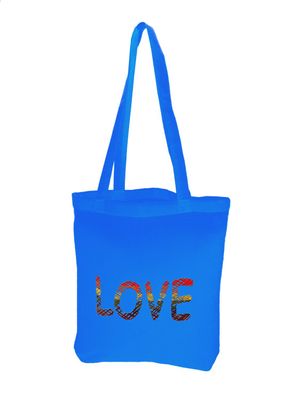 Einkaufstasche Love in blau mit modischem Loveschriftzug in Gitterstruktur Regenbogenfarben, Baumwolle - Pride Accessoire Einkaufstasche Love in blau mit modischem Loveschriftzug in Gitterstruktur Regenbogenfarben, Baumwolle - Pride Accessoire