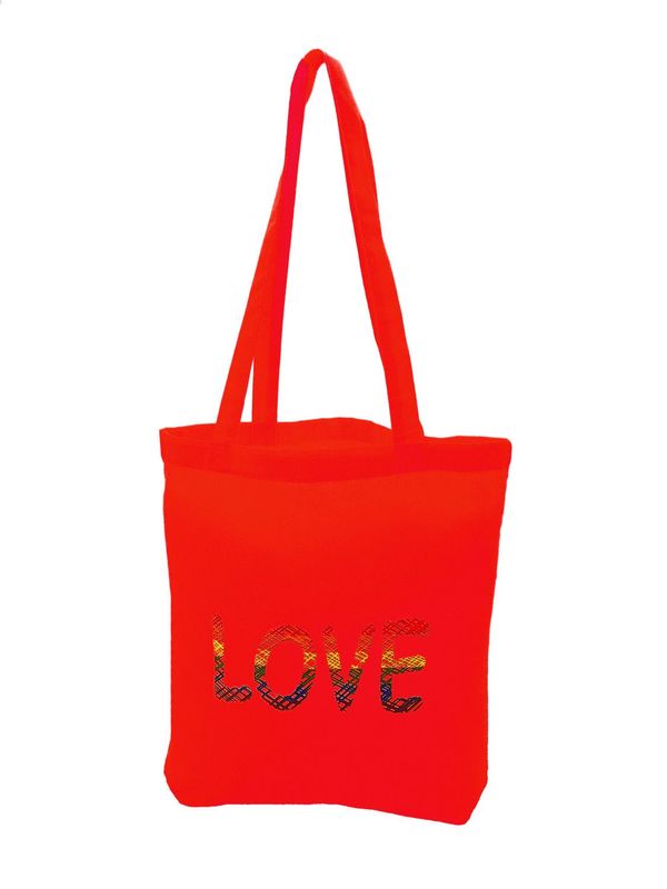 Einkaufstasche Love in rot mit modischem Loveschriftzug in Gitterstruktur Regenbogenfarben, Baumwolle - Pride Accessoire Einkaufstasche Love in rot mit modischem Loveschriftzug in Gitterstruktur Regenbogenfarben, Baumwolle - Pride Accessoire