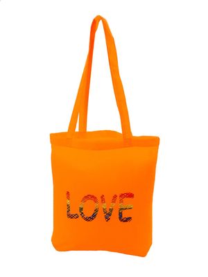 Einkaufstasche Love in orange mit  modischem Loveschriftzug in Gitterstruktur Regenbogenfarben, Baumwolle - Pride Accessoire