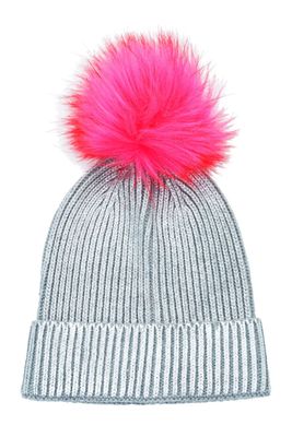 Strickmütze mit Bommel, Beanie, Luxury-Metallic Silver & Light Grey & Pink - Pride Mütze Strickmütze mit Bommel, Beanie, Luxury-Metallic Silver & Light Grey & Pink - Pride Mütze