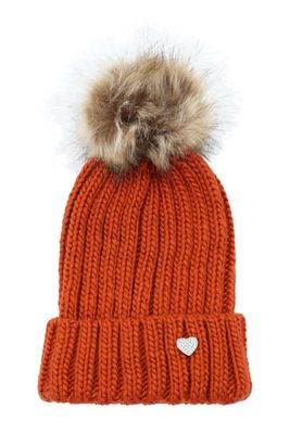Mütze Rost mit Bommel Glitzerherz-Applikation