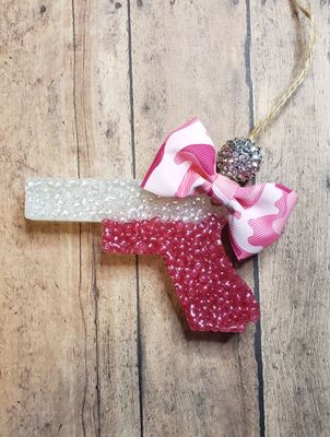 Pink &amp; Pearl White Gun Shape Car Freshy W/Pink Camo Bow