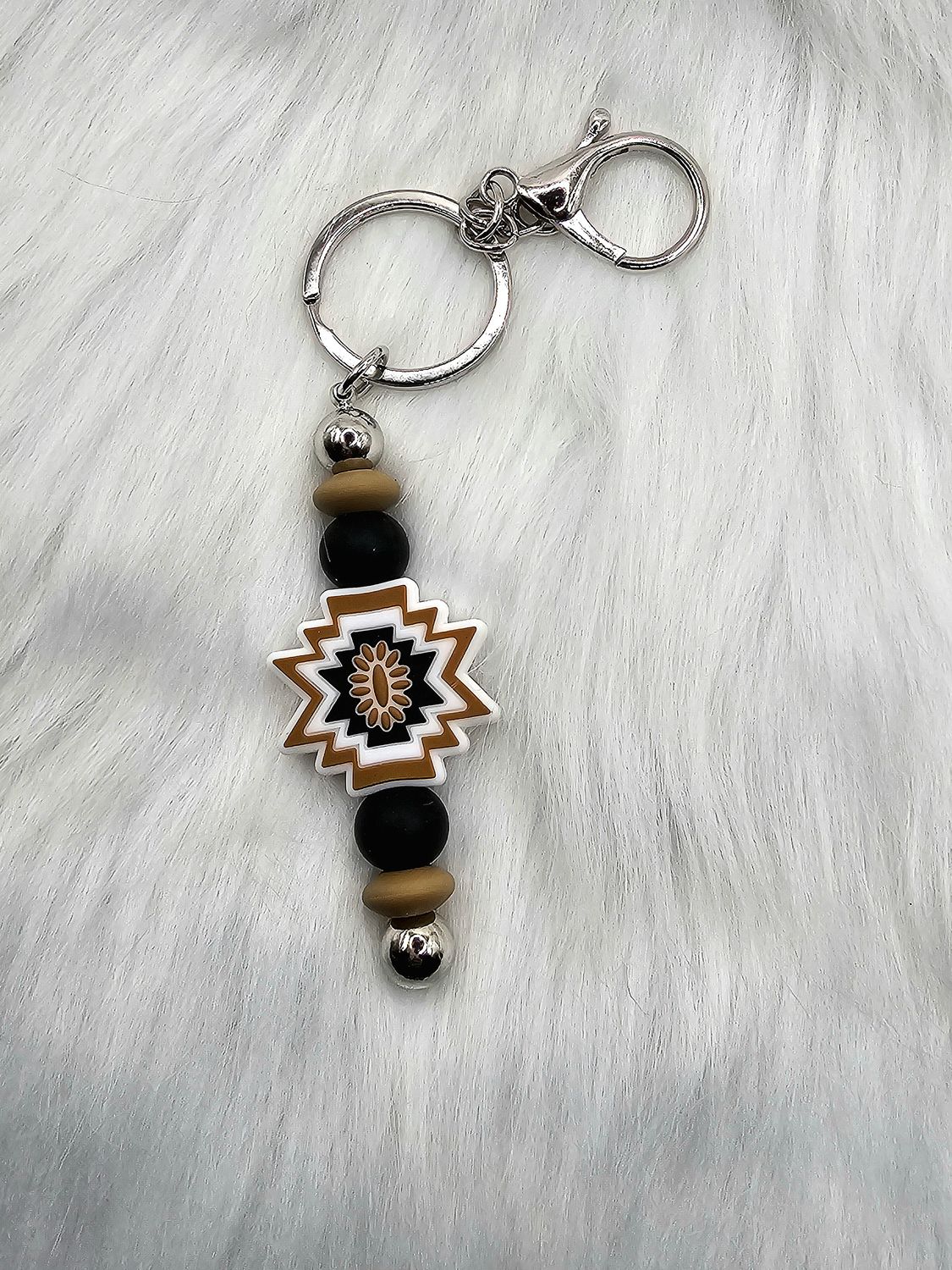 Western Aztec Beaded Key Chain/Ring - Tan