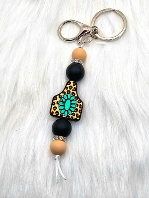 Western Cow Tag Leopard Print Key Chain/Ring