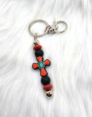 Cross Beaded Key Chain/Ring - Rust Brown