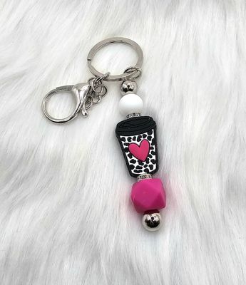 Coffee Cup Pink Heart Key Chain/Ring