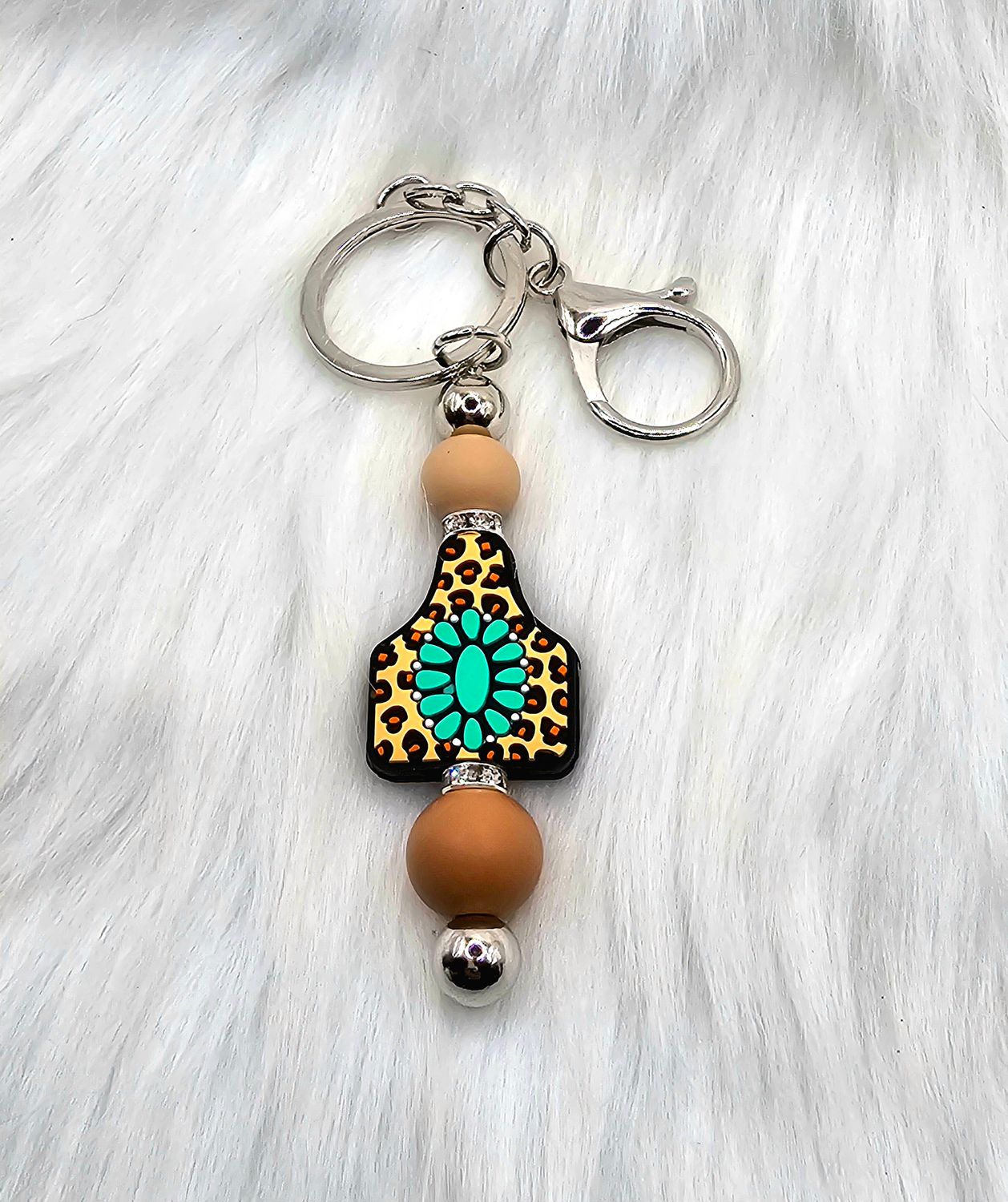 Western Cow Tag - Leopard Print &amp; Squash Blossom Key Chain/Ring