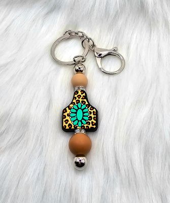 Western Cow Tag - Leopard Print &amp; Squash Blossom Key Chain/Ring