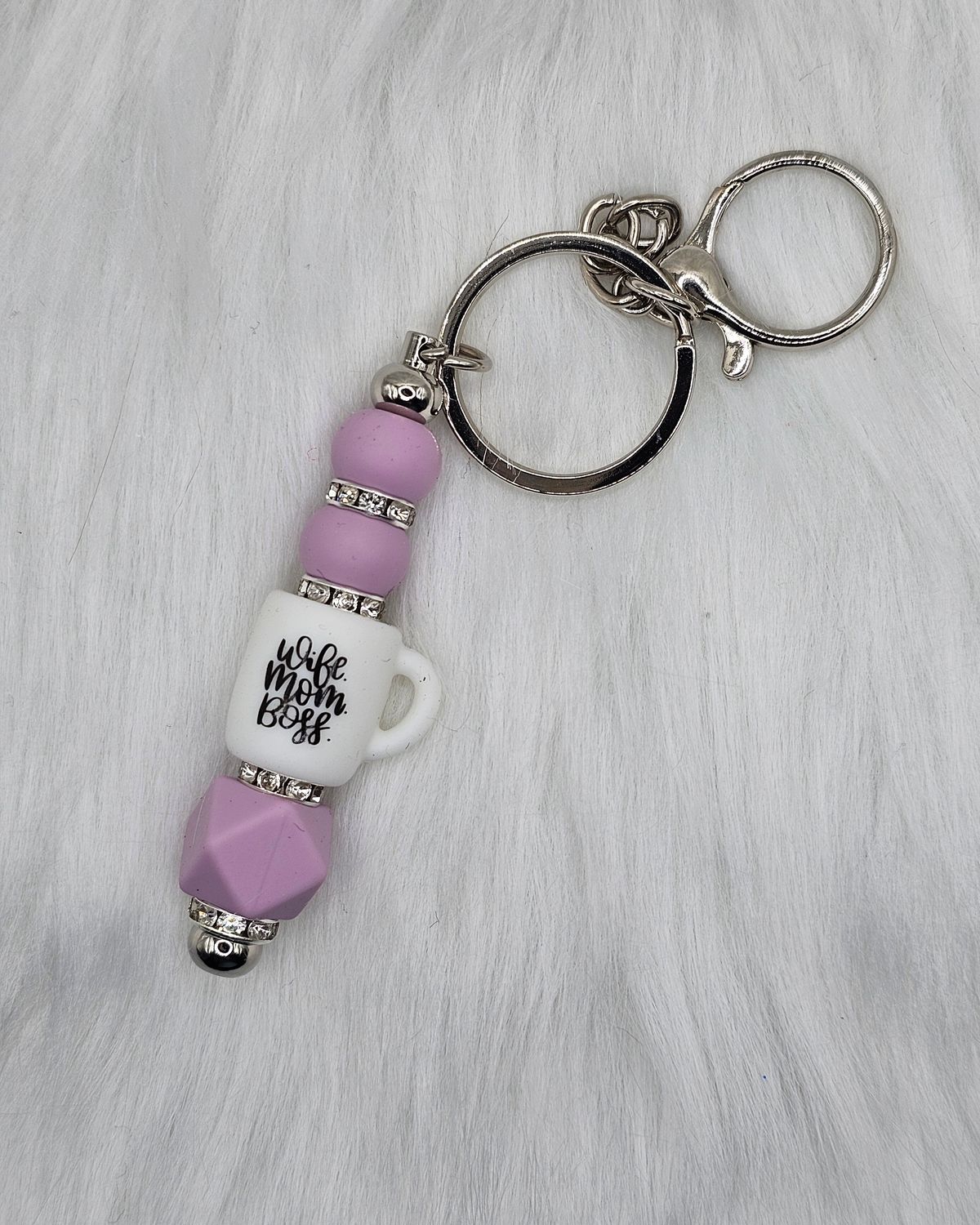 Beaded Coffee Mug - &quot;Wife Mom Boss&quot; - Key Chain/Ring