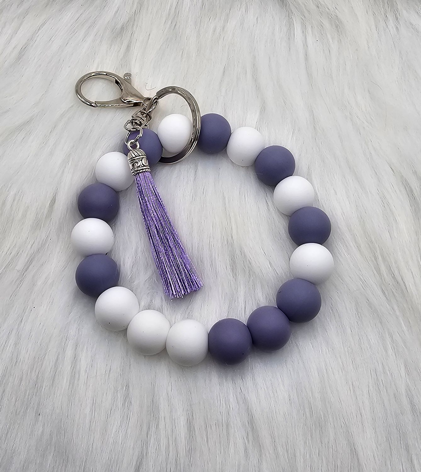 Wristlet - Silicone Beaded- Lavender &amp; White W/Tassel