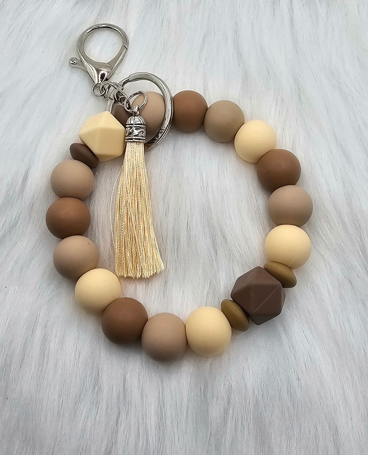 Wristlet - Silicone Beaded - Dark Brown, Light Brown &amp; Cream W/Tassel