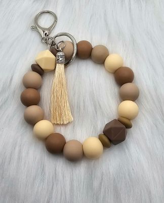 Wristlet - Silicone Beaded - Dark Brown, Light Brown &amp; Cream W/Tassel