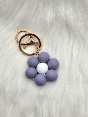 Silicone Flower Key Chain/Ring - White Center - Gold Key Ring