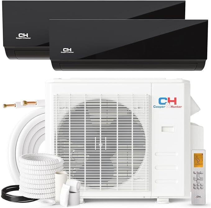 Cooper&amp;Hunter 18,000 BTU Olivia Midnight Series, 22.9 SEER2, Dual Zone Compressor with 12000 + 12000 BTU Wall Mount Air Handlers Ductless Mini Split A/C and Heater Including 25ft Installation Kits