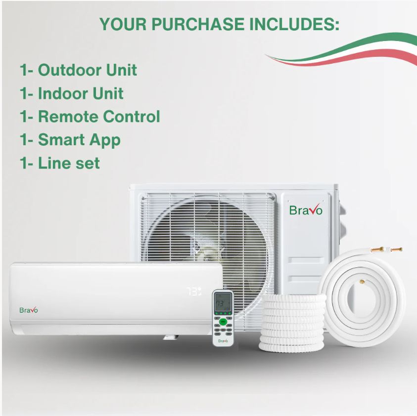 Bravo Single Zone Wall Mount, 1.5 Ton Air Conditioner and Heat Pump, 18,000 BTU Wall Mount Ductless Mini Split, 17 SEER Inverter System, 230V/60HZ, Single Head, Smart app and Installation Kit Included