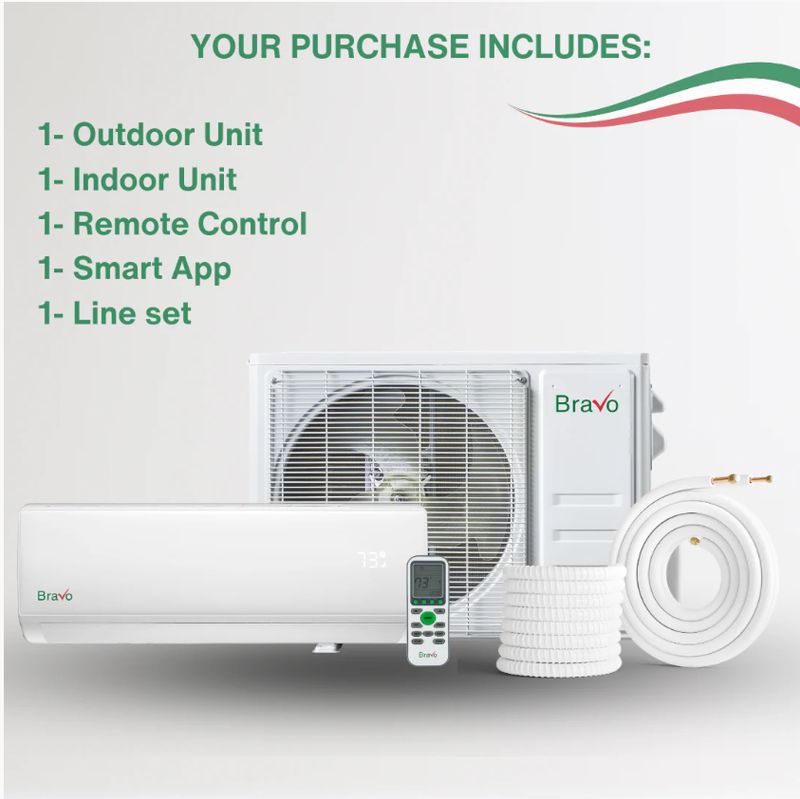 Bravo Single Zone Wall Mount, 1.5 Ton Air Conditioner and Heat Pump, 18,000 BTU Wall Mount Ductless Mini Split, 17 SEER Inverter System, 230V/60HZ, Single Head, Smart app and Installation Kit Included
