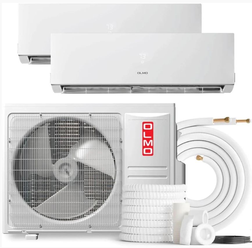 2 Zone OLMO Sierra Multi-Zone, 1.5 Ton Air Conditioner, 18,000 BTU Dual Zone with 12k+12k BTU Wall Mount Ductless Mini Split A/C and Heater, 21.3 SEER Inverter Heat Pump, 230V, Dual Head (2 Heads)