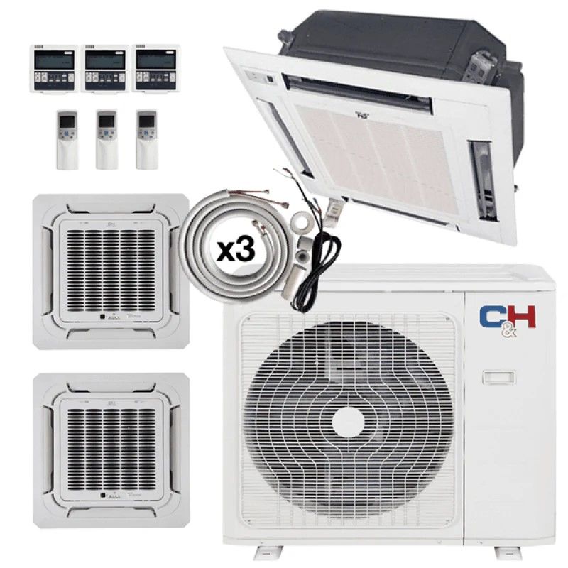 3 Zone 12k+12k+12k Ceiling Cassettes with Installation Kits, 24.6 Seer2 2.3 Ton Tri Zone Ductless Multi Mini Split Air Conditioner