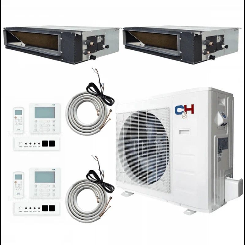 18,000 BTU 2 Zone 12k+ 12k Concealed Duct with Installation Kits, 19 SEER2 1.5 TON, Dual Zone Ductless Multi Mini Split Air Conditioner