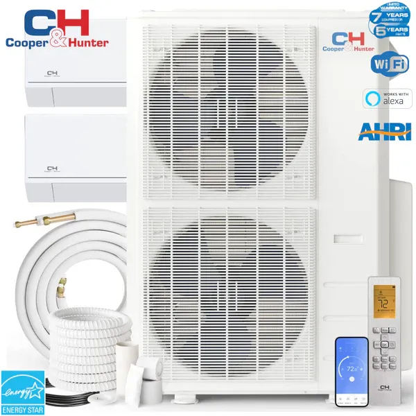 Cooper&amp;Hunter Astoria Series 48,000 BTU Dual Zone with 18000 30000 BTU Wall Mount Handlers Ductless Mini Split A/C and Heater with Installation Kits