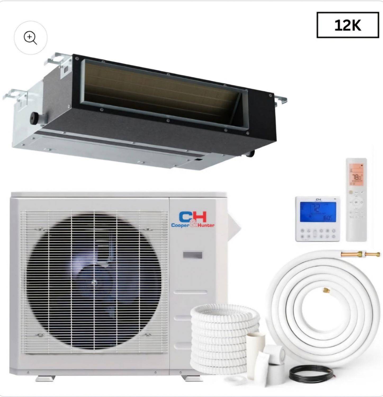 Cooper &amp; Hunter Slim Duct 12,000 BTU 230V 21.5 SEER Concealed Duct Air Conditioning Unit for Heat Pump 1 TON, R410A, + Installation Kit Option CH-M12DTUI + CH-ES12-230VO