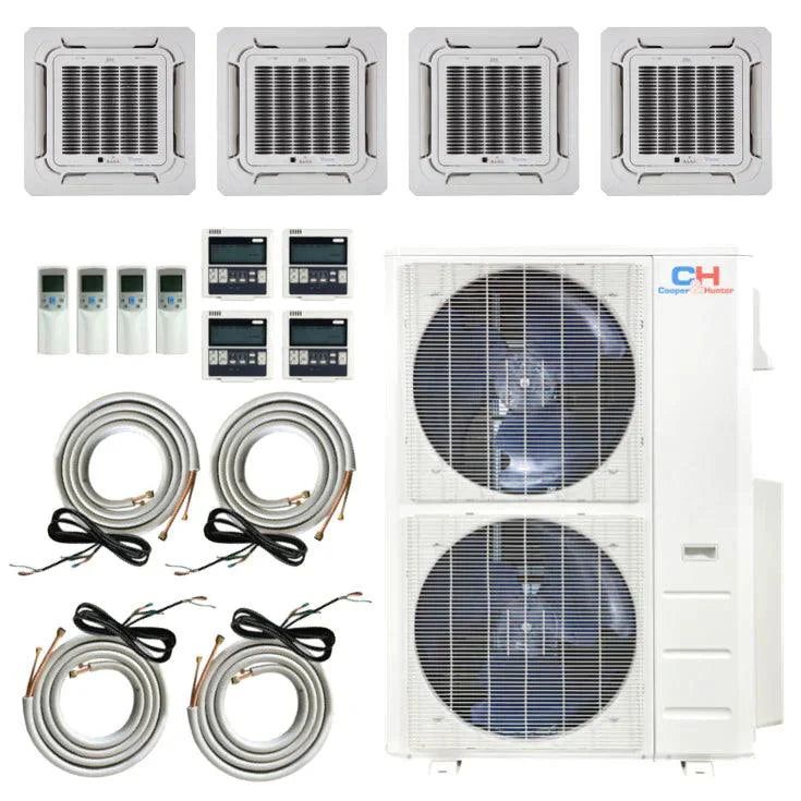 Cooper&amp;Hunter R454B Four-Way Ceiling Cassette 9K + 9K + 9K + 24K BTU 4-Zone Ductless Mini Split System, 48K BTU Heat Pump, 24 SEER2, Wi-Fi Thermostat Included + Choose Installation Kit
