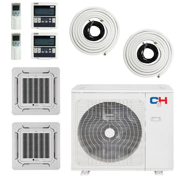 Cooper&amp;Hunter R454B Four-Way Ceiling Cassette 12k + 12k BTU 2-Zone Ductless Mini Split System, 18K BTU Heat Pump, 20.7 SEER2, Wi-Fi Thermostat Included + Optional Installation Kit