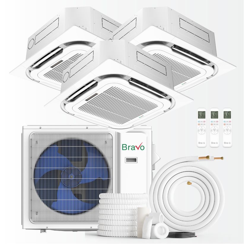 Bravo Milano Series 3-Zone Ductless Mini Split AC &amp; Heat Pump – 24,000 BTU (2 Ton), Ceiling Cassette Units (12K+12K+12K BTU), Inverter Technology, 230V, Heating &amp; Cooling